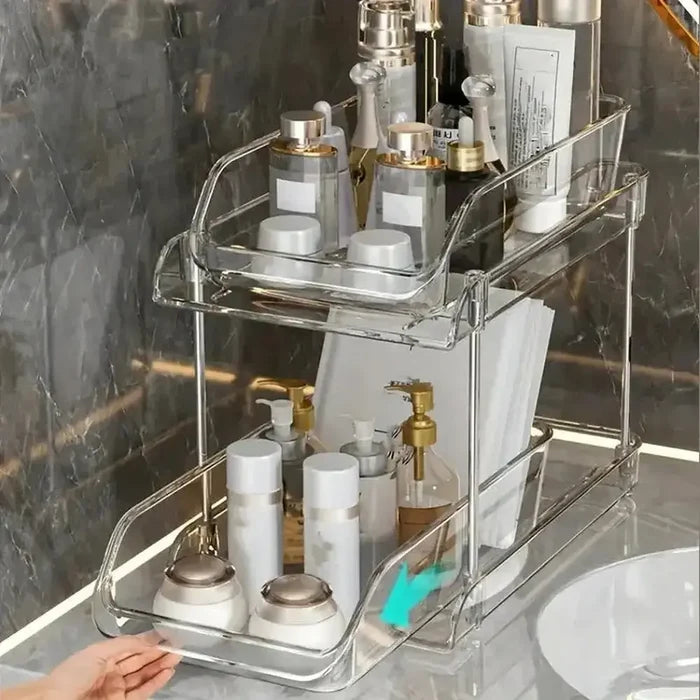 Clear Pull-Out Bathroom Organizer with sliding drawers for under-sink bathroom organizer storage.