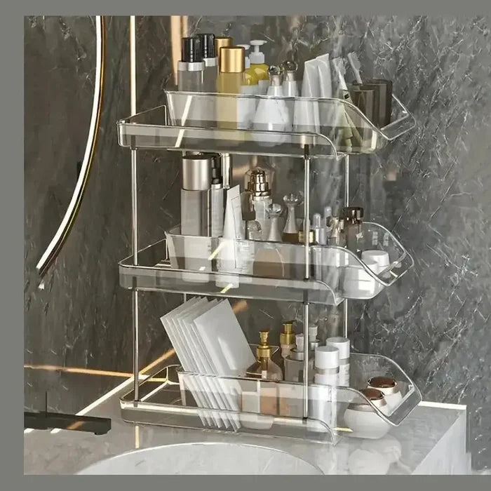 Clear Pull-Out Bathroom Organizer showcasing tiered under-sink bathroom organizer with sliding drawers for easy access.
