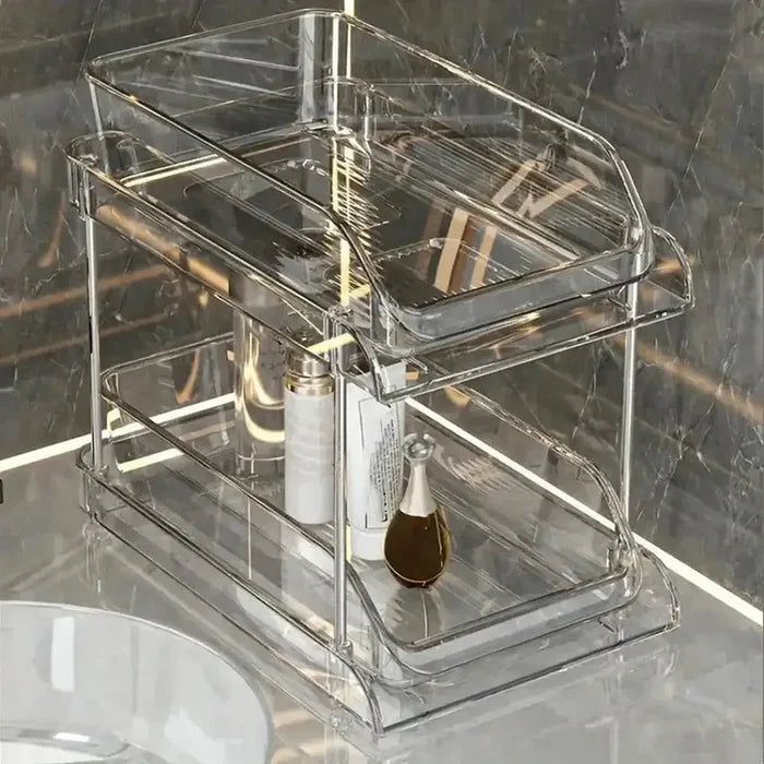 Clear pull-out bathroom organizer for under-sink bathroom organizer with 2 tiers for efficient storage.