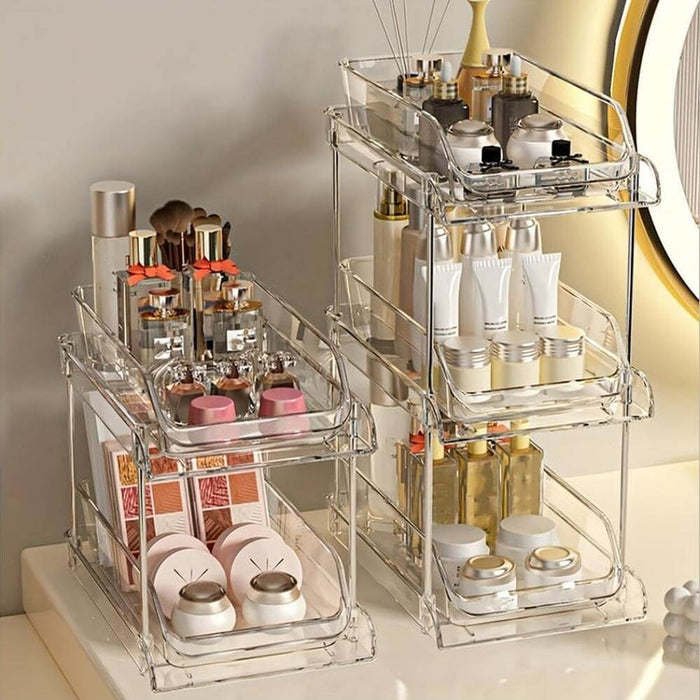 Clear Pull-Out Bathroom Organizer showcasing under-sink bathroom organizer with tiered storage for cosmetics.