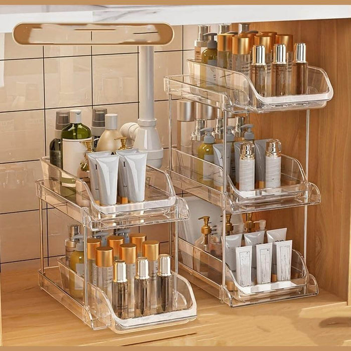 Clear Pull-Out Bathroom Organizer showcasing under-sink bathroom organizer with sliding drawers and tiered storage.
