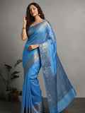 Silk Linen Banarasi Brocade Handloom Sapphire Blue Saree with Blouse-Indiehaat