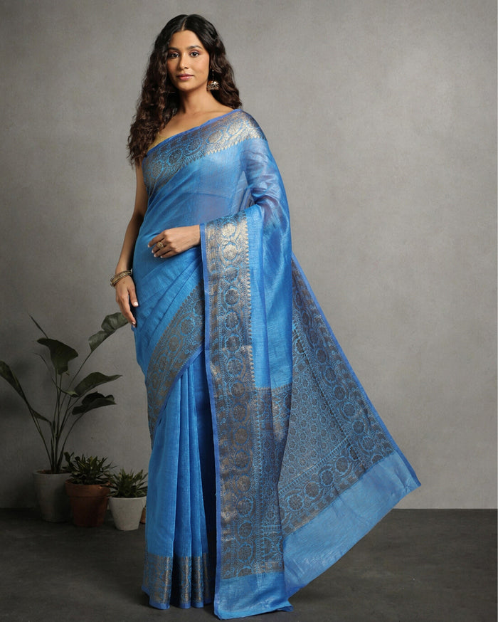 Silk Linen Banarasi Brocade Handloom Sapphire Blue Saree with Blouse-Indiehaat