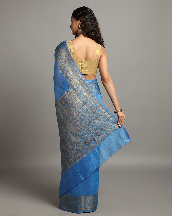 Silk Linen Banarasi Brocade Handloom Sapphire Blue Saree with Blouse-Indiehaat