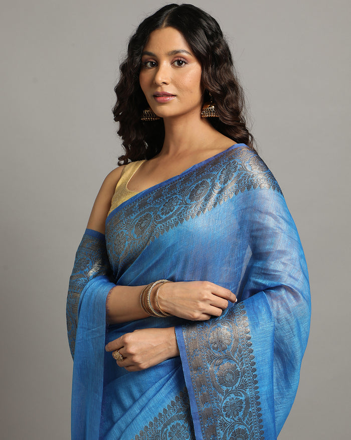 Silk Linen Banarasi Brocade Handloom Sapphire Blue Saree with Blouse-Indiehaat