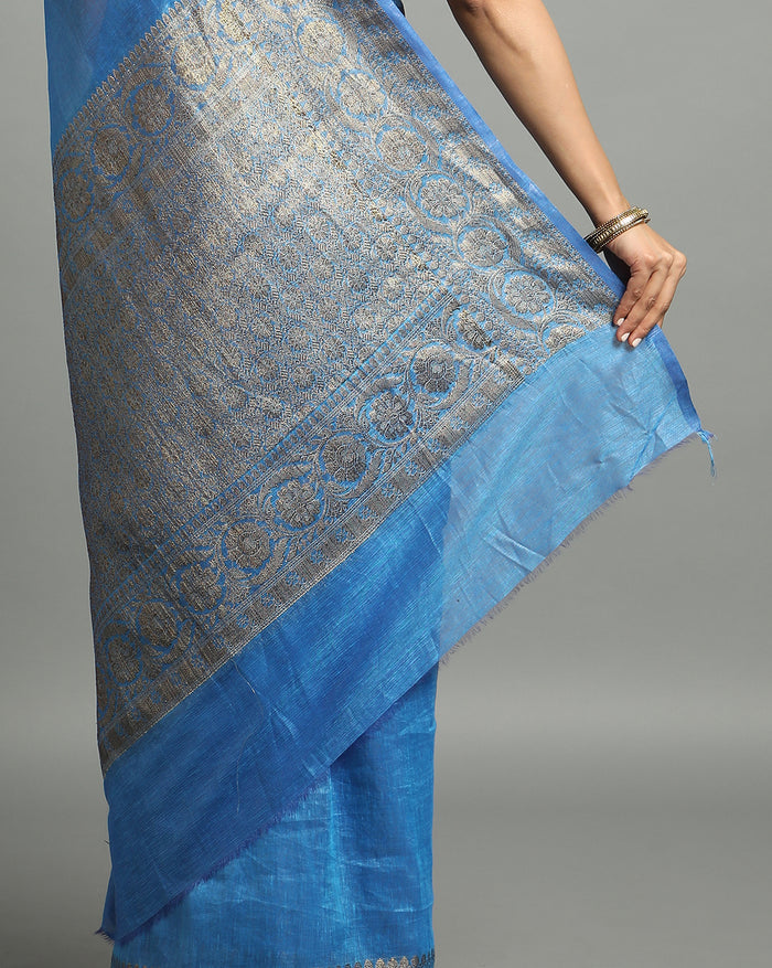 Silk Linen Banarasi Brocade Handloom Sapphire Blue Saree with Blouse-Indiehaat