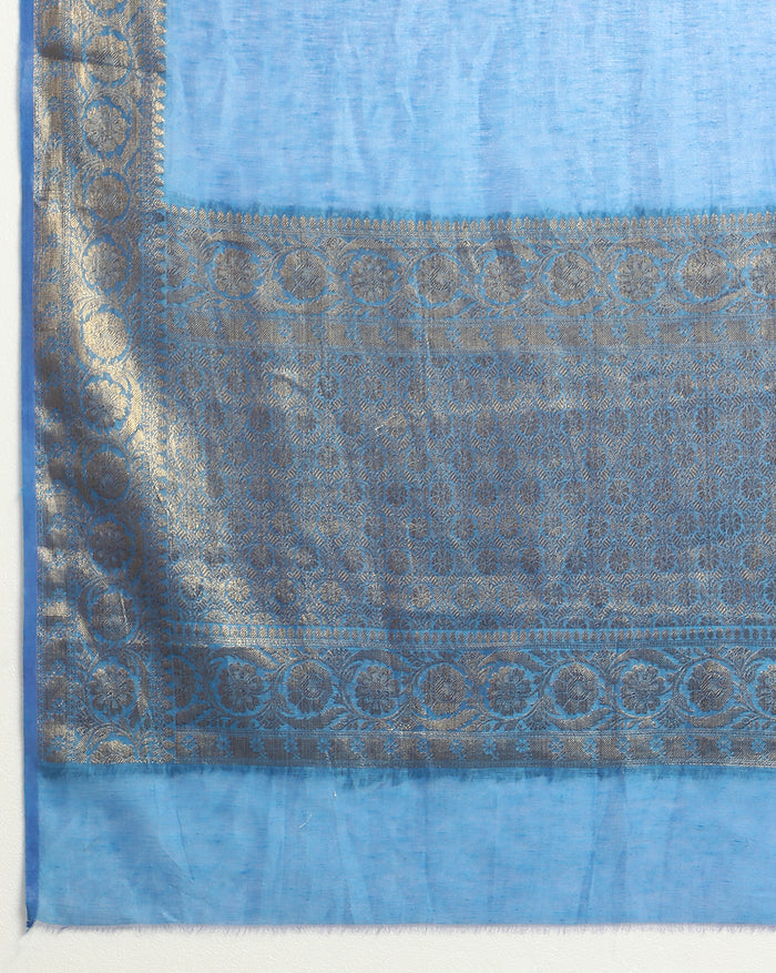 Silk Linen Banarasi Brocade Handloom Sapphire Blue Saree with Blouse-Indiehaat