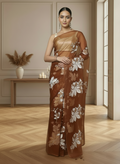 Embroidered Organza Pure Silk Brown Saree for Timeless Appeal | Indiehaat