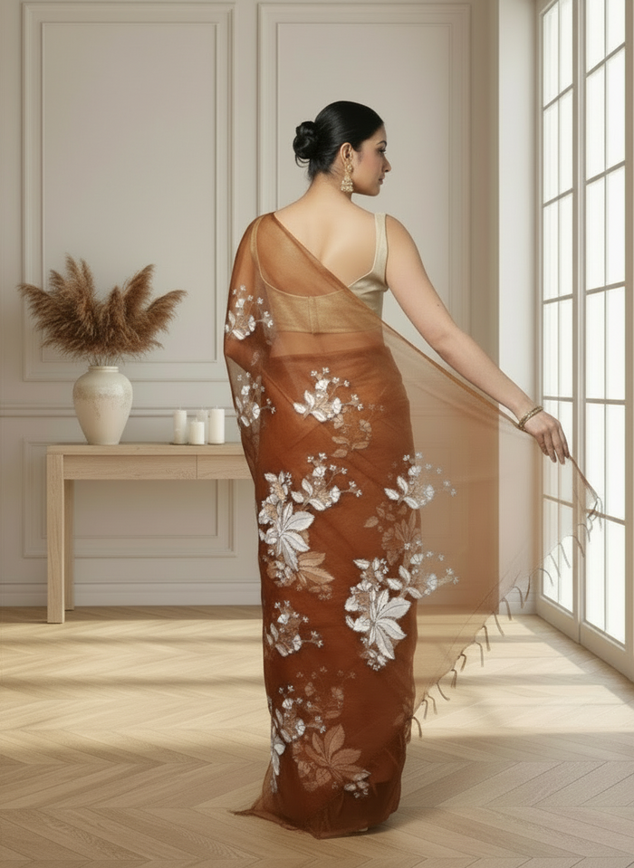 Embroidered Organza Pure Silk Brown Saree for Timeless Appeal | Indiehaat