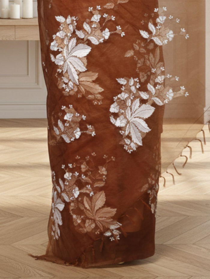 Embroidered Organza Pure Silk Brown Saree for Timeless Appeal | Indiehaat
