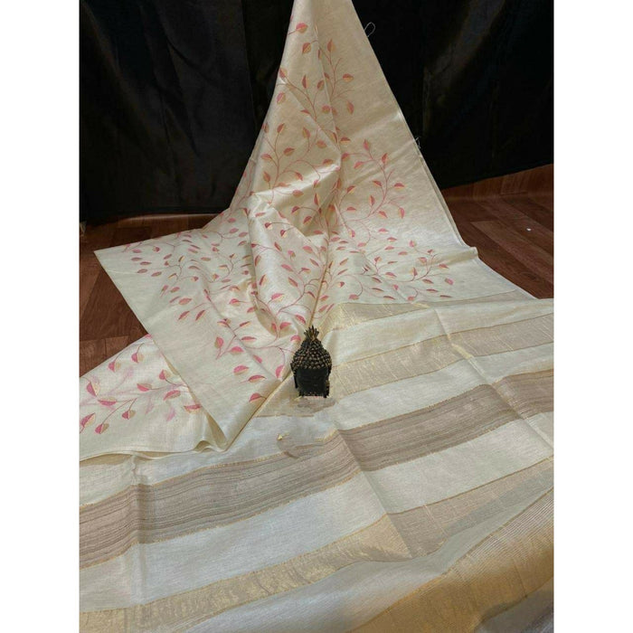 Eri Silk Digital Embroidered White Saree with Running Blouse-Indiehaat