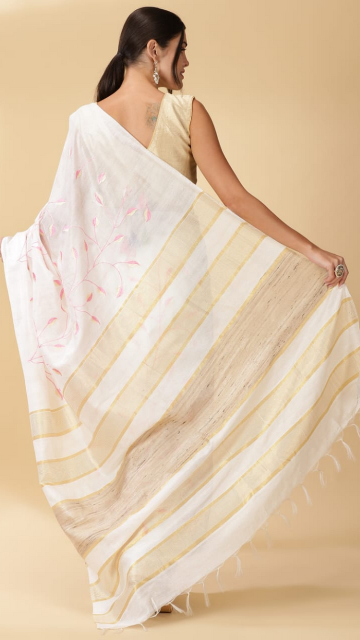 Eri Silk Digital Embroidered White Saree with Running Blouse-Indiehaat