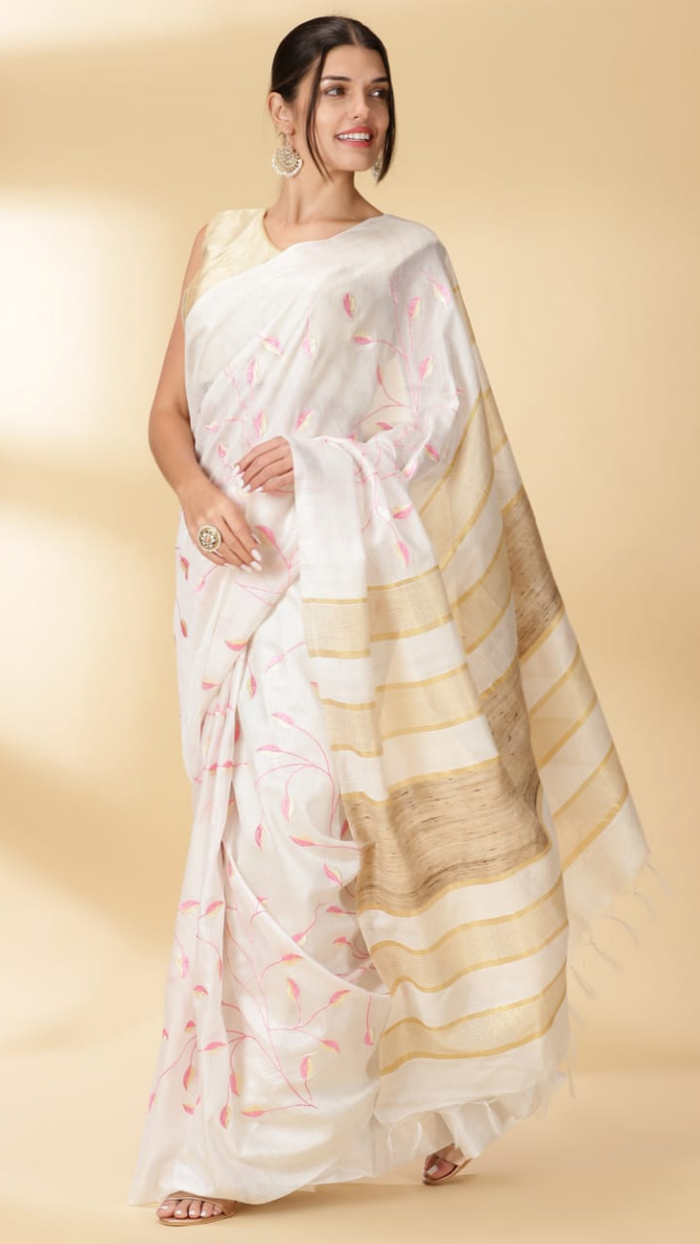 Eri Silk Digital Embroidered White Saree with Running Blouse-Indiehaat