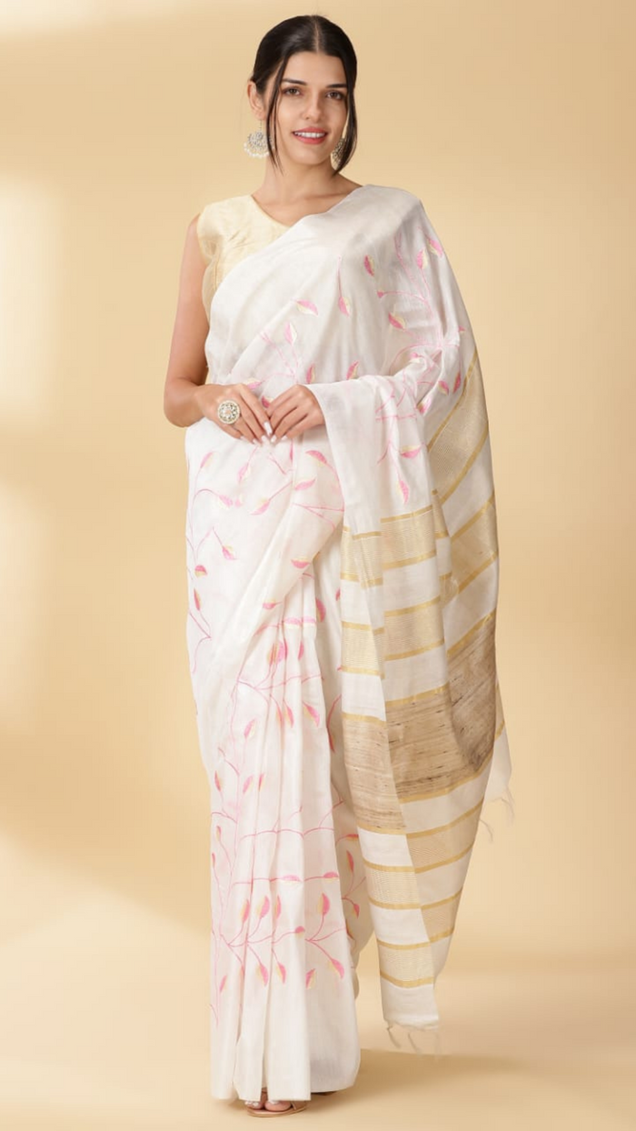 Eri Silk Digital Embroidered White Saree with Running Blouse-Indiehaat