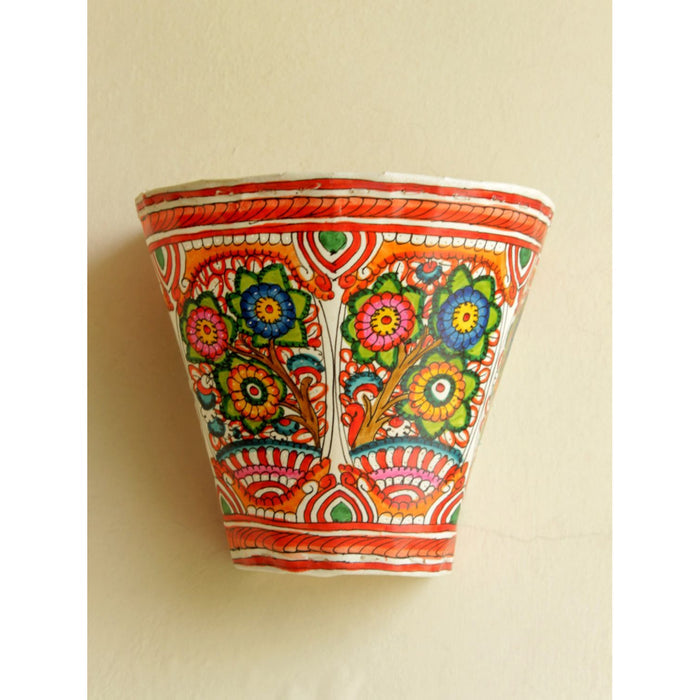 Indiehaat | Flower Kalamkari Handpainted Wall Mount Leather Lamp | 5.5 Inch