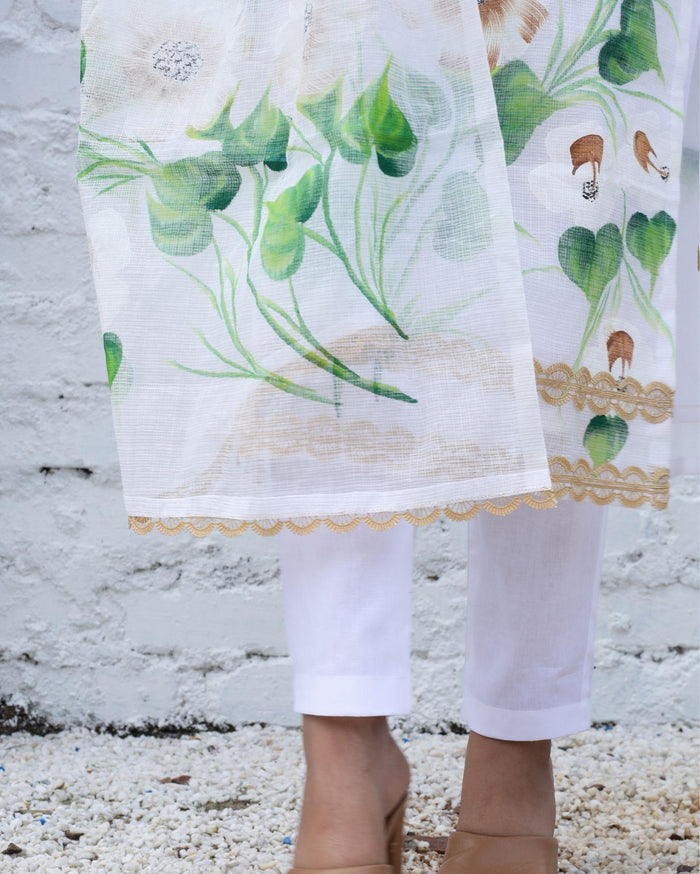 Kota Doria Suit (Top+Bottom+Dupatta) White Color Hand Painting with Stitch embroidery work - IndieHaat