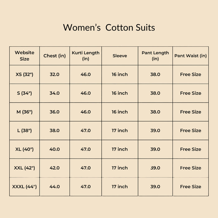 Size Chart for Cotton Suits - IndieHaat