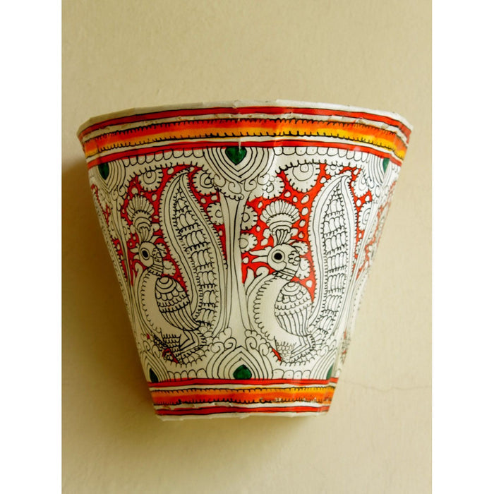 Indiehaat | Peacock Kalamkari Handpainted Wall Mount Leather Lamp | 5.5 Inch