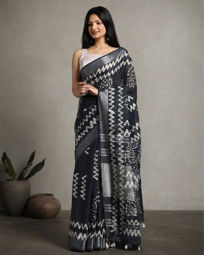 Indigo Blue Slub Linen Batik Print Saree | Indiehaat