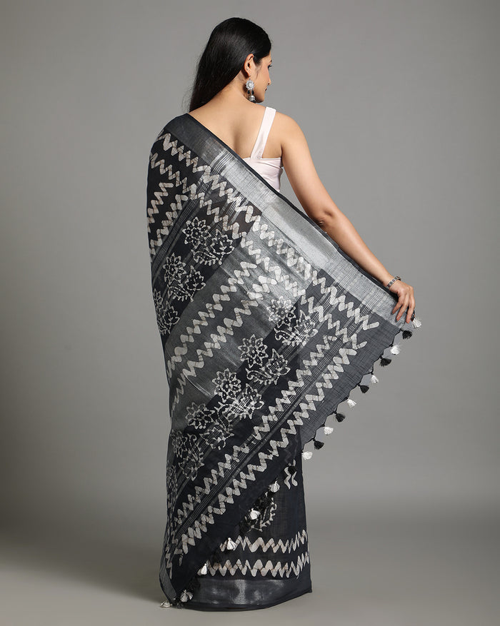 Indigo Blue Slub Linen Batik Print Saree | Indiehaat