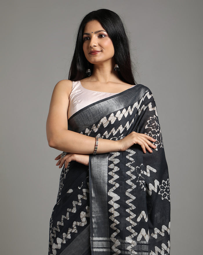 Indigo Blue Slub Linen Batik Print Saree | Indiehaat