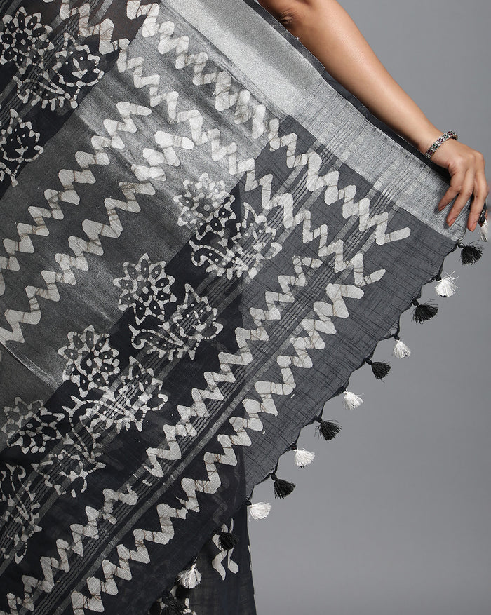 Indigo Blue Slub Linen Batik Print Saree | Indiehaat