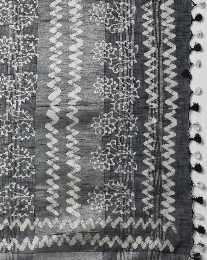 Indigo Blue Slub Linen Batik Print Saree | Indiehaat
