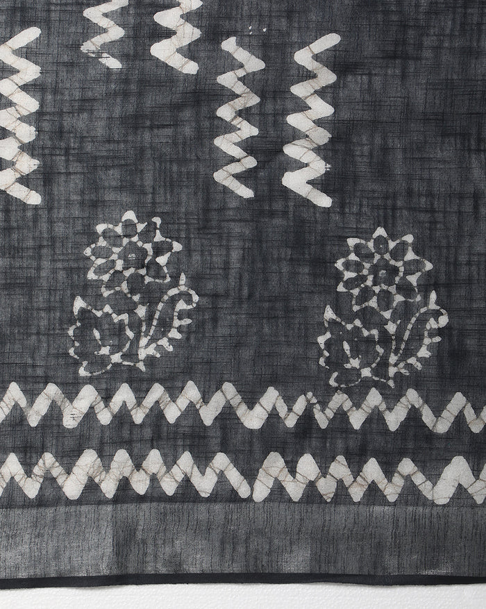 Indigo Blue Slub Linen Batik Print Saree | Indiehaat