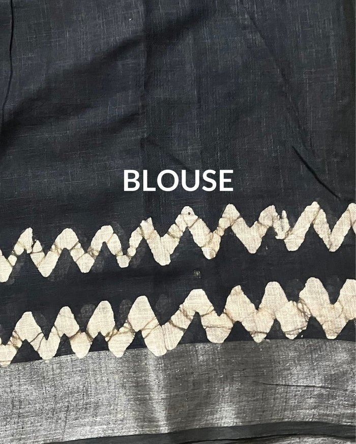 Indigo Blue Slub Linen Batik Print Saree | Indiehaat