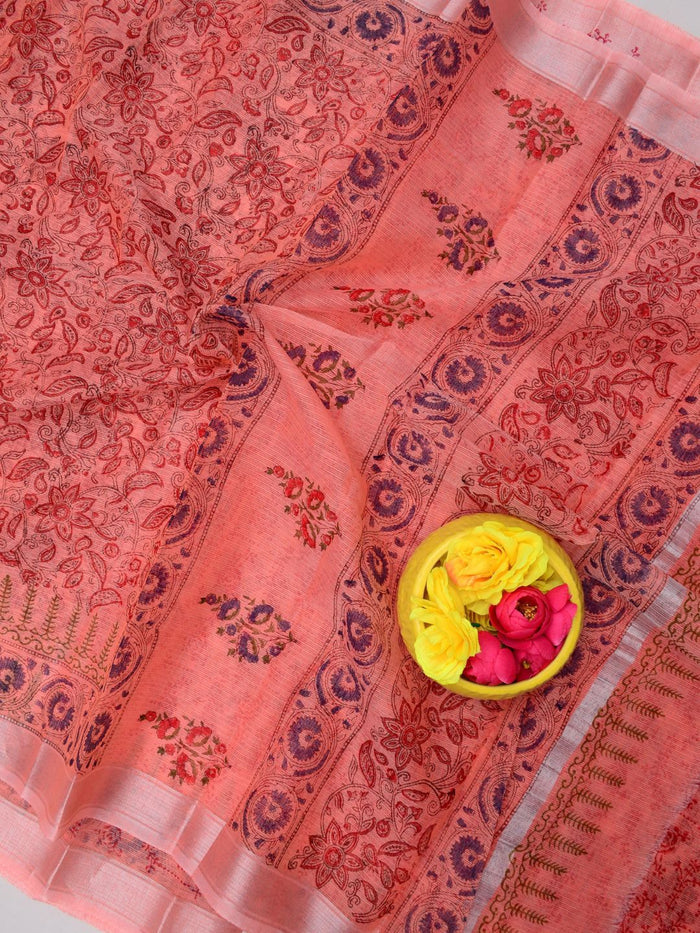 Indiehaat | Kota Doria Blockprint Saree Peach
