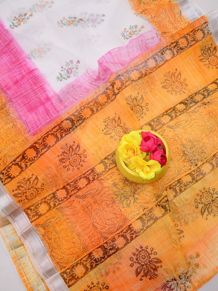 Indiehaat | Kota Doria Blockprint Saree White