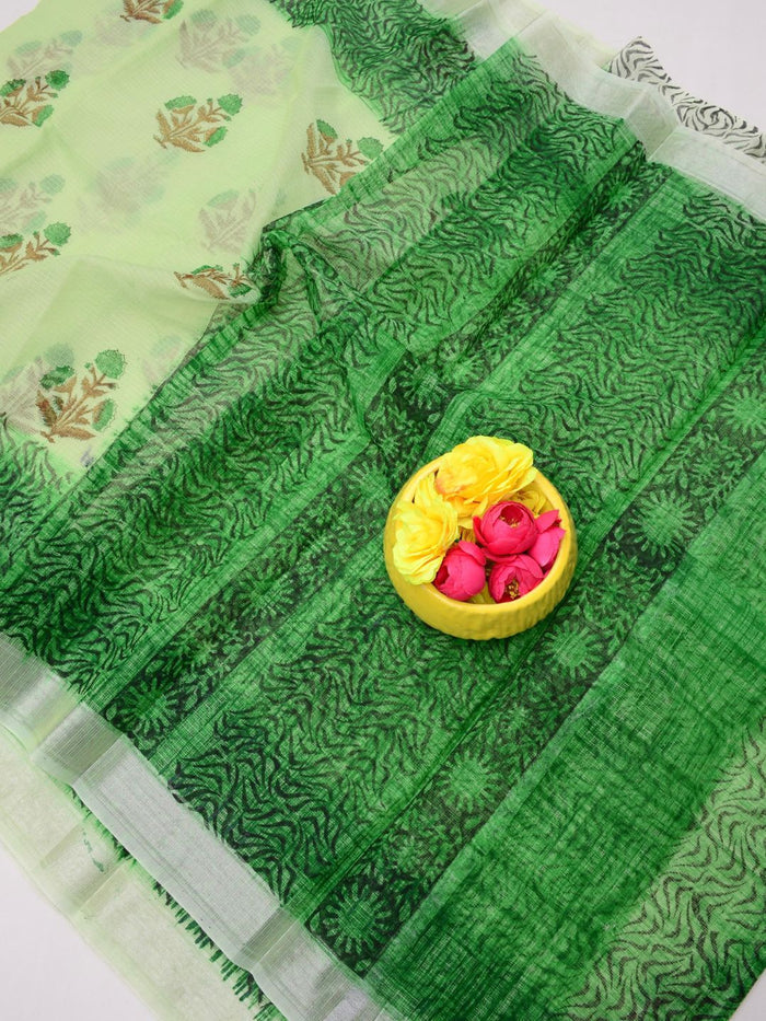 Indiehaat | Kota Doria Blockprint Saree Green