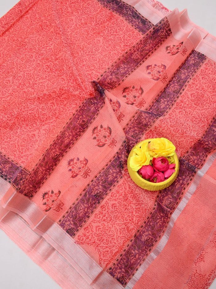 Indiehaat | Kota Doria Blockprint Saree Orange
