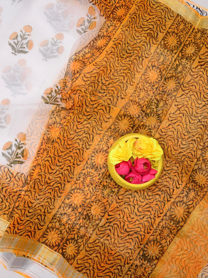 Indiehaat | Kota Doria Blockprint Saree White