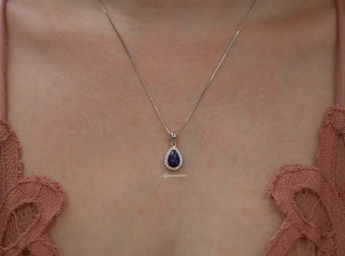 Vera Starry Night Necklace in Sterling Silver by Aquamarise featuring a dark blue sandstone teardrop pendant framed with sparkling crystals, inspired by celestial Night Court jewelry collections.