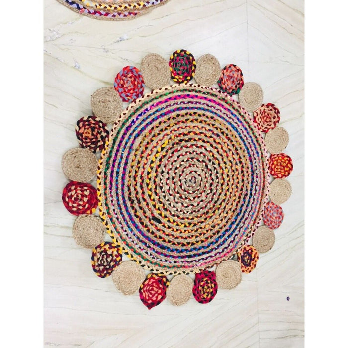 Multicolour Jute Rug Mat 
Size : 48" Round 120 Cm-Indiehaat