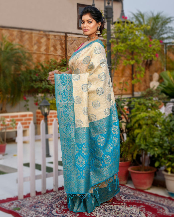 Kashmiri Modal Silk Saree Light Beige Color with Cyan Blue Pallu and blouse - IndieHaat