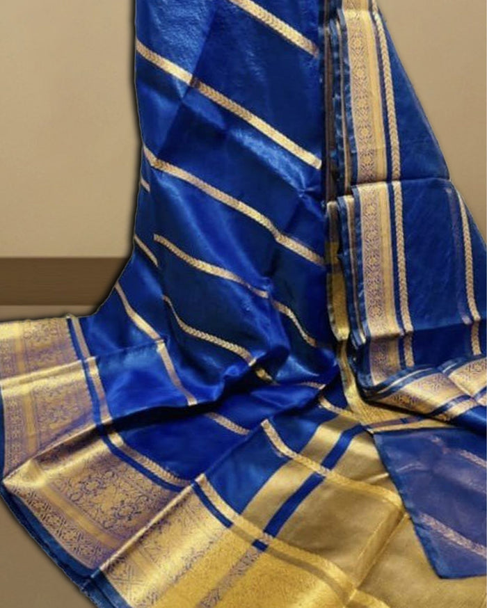 Banarasi Pure Organza Silk Blue Saree for Celebrations | Indiehaat