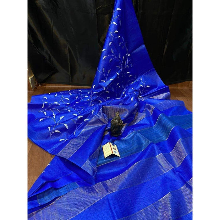 Eri Silk Digital Embroidered Blue Saree with Running Blouse-Indiehaat