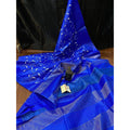 Eri Silk Digital Embroidered Blue Saree with Running Blouse-Indiehaat