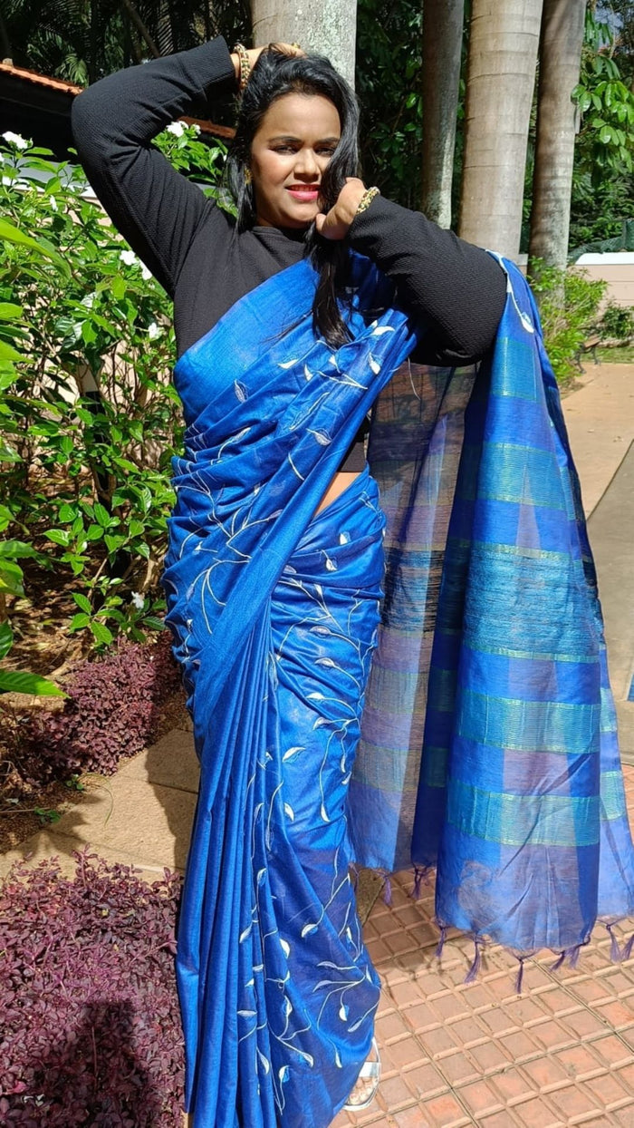 Eri Silk Digital Embroidered Blue Saree with Running Blouse-Indiehaat