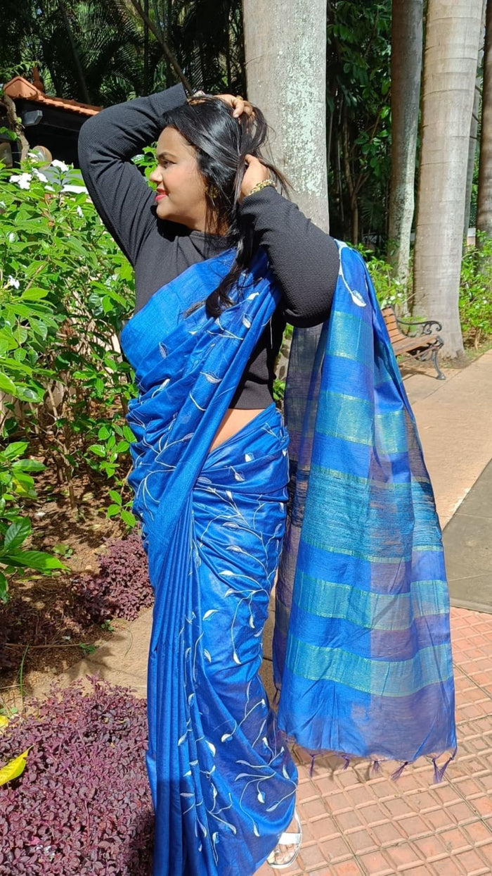 Eri Silk Digital Embroidered Blue Saree with Running Blouse-Indiehaat