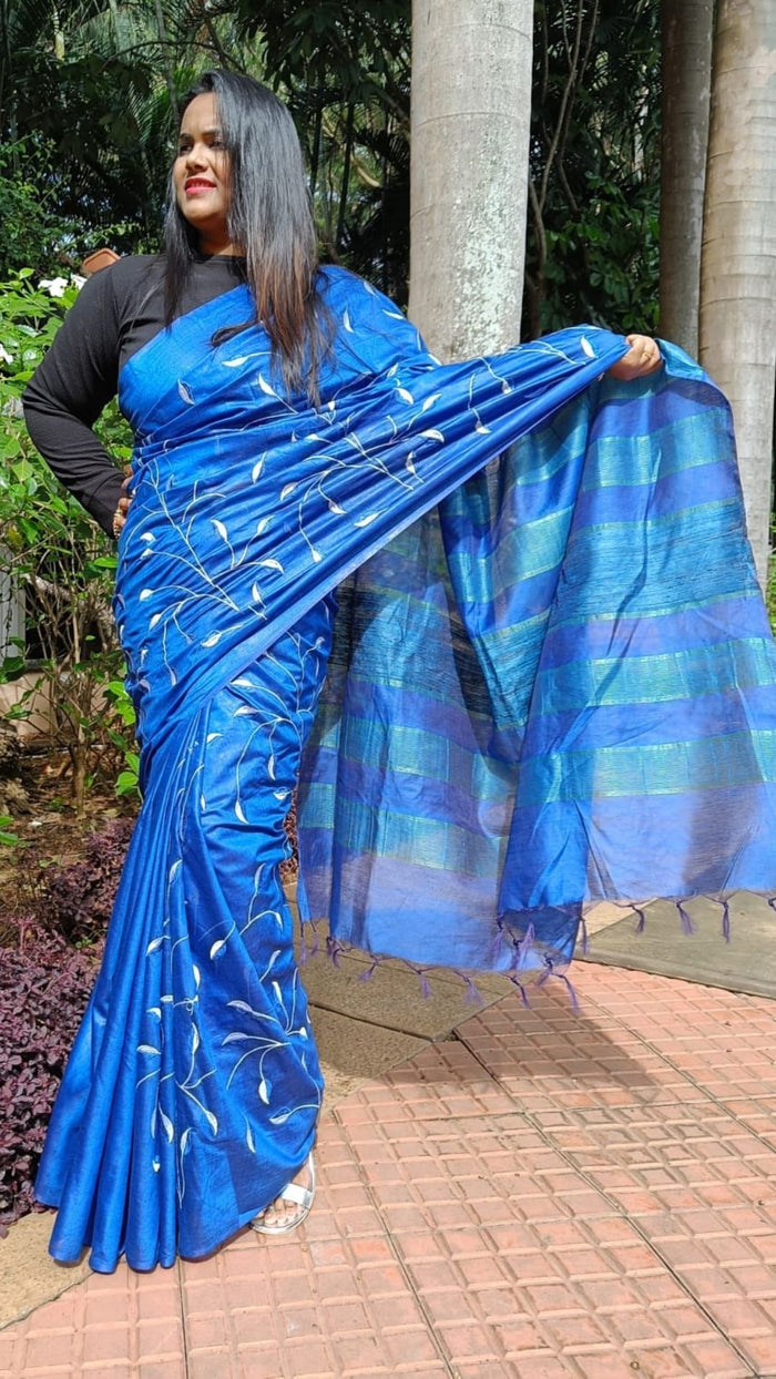 Eri Silk Digital Embroidered Blue Saree with Running Blouse-Indiehaat