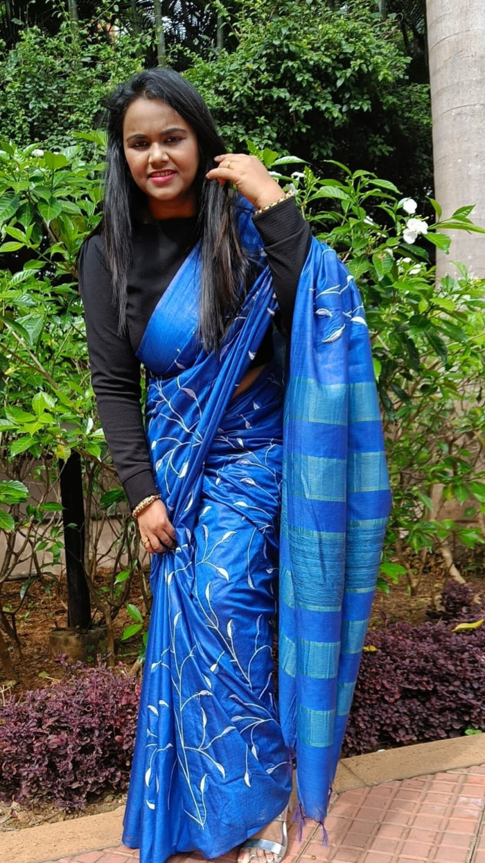 Eri Silk Digital Embroidered Blue Saree with Running Blouse-Indiehaat