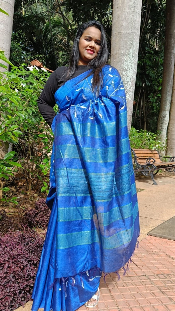 Eri Silk Digital Embroidered Blue Saree with Running Blouse-Indiehaat