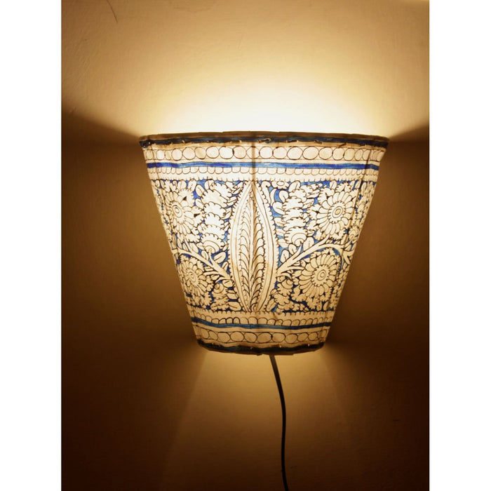 Indiehaat | Flower Kalamkari Handpainted Wall Mount Leather Lamp | 8.5 Inch