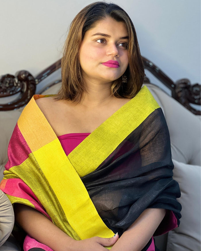 Handwoven Pure Linen Black Saree with Blouse-Indiehaat
