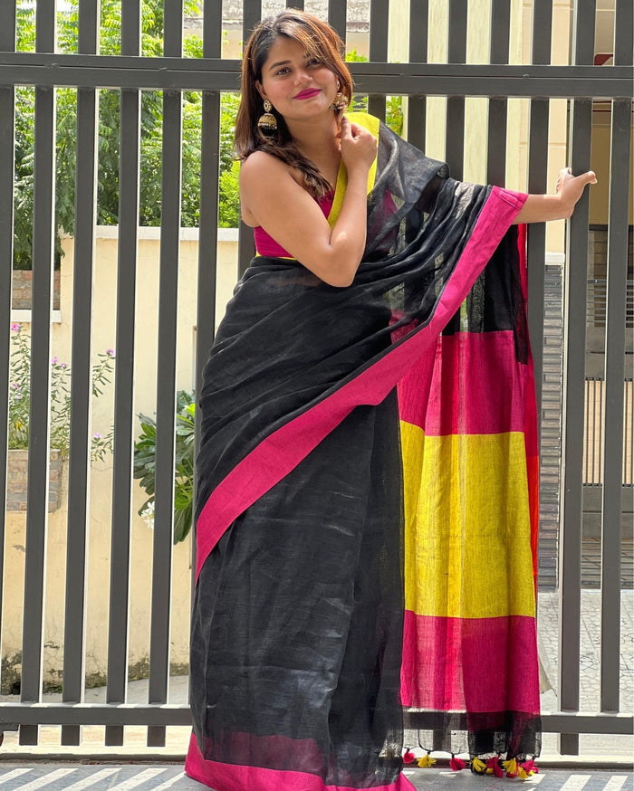 Vibrant Handwoven Pure Linen Black Saree