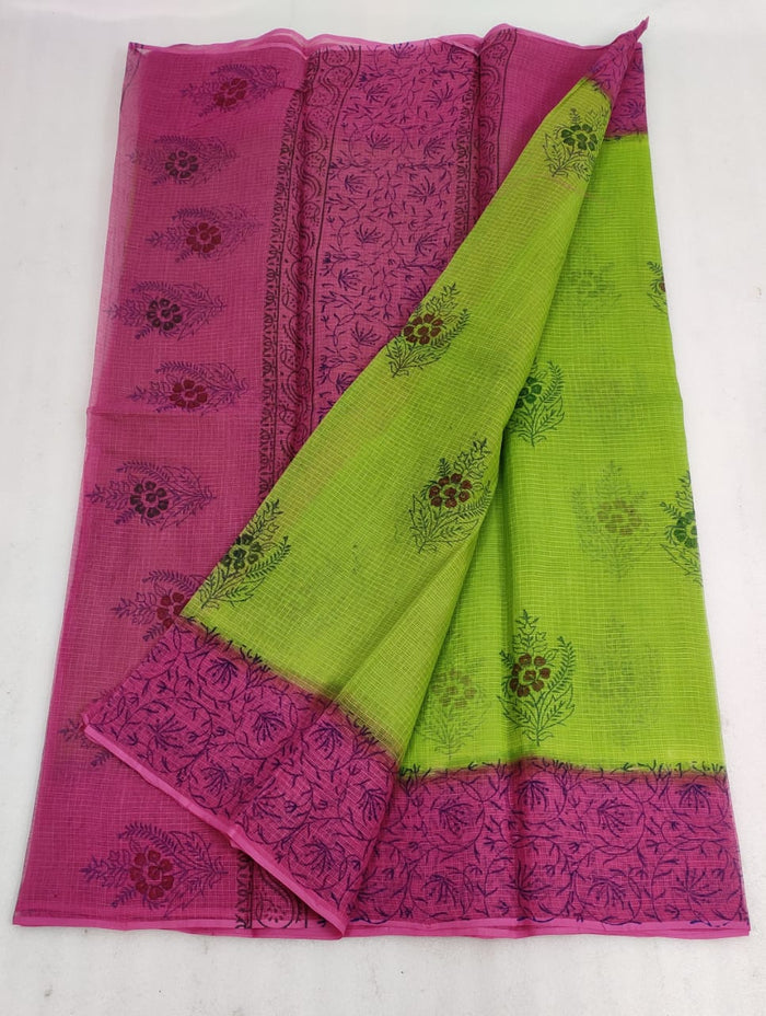 Kota Doria Handblock Printed Green Saree with blouse-Indiehaat
