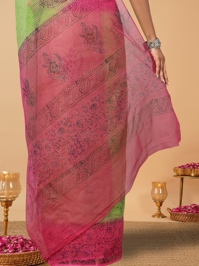 Vibrant Kota Doria Blockprinted Green & Pink Saree
